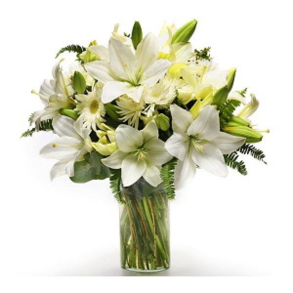Skintų gėlių puokštė su baltomis lelijomis Kvepianti lelija