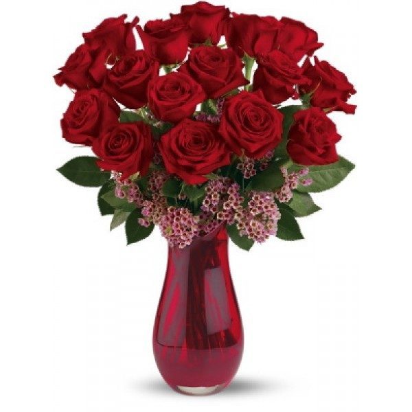 Raudonų rožių puokštė su žaluma Mano Valentinai