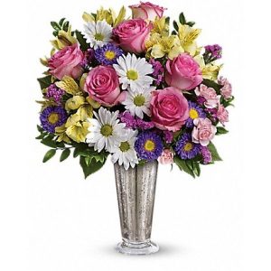 Gėlių puokštė su rožinėmis rožėmis Šypsena